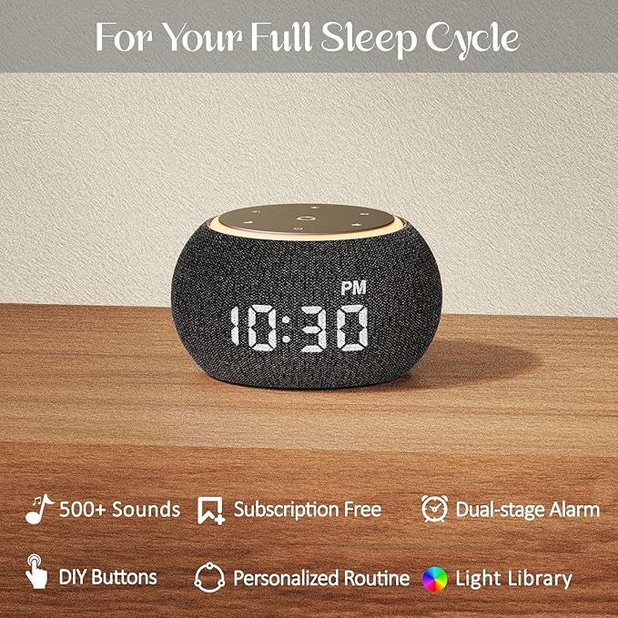 White Noise Sound Machine for Sleep, Dual-Stage Alarm, Snooze, Smart App Control, Custom Buttons, 507 Non Looping Soothing Sounds, Dimmable Clock, Timer, Night Light, for Baby Adults Kids Black