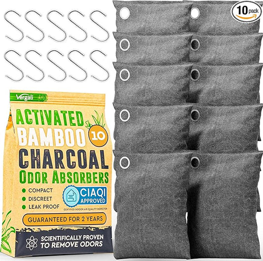 Activated Charcoal Odor Absorber for Strong Odors in Car, Closet, Shoe, Basement. 10 Activated Charcoal Bags Odor Absorbers for Home. Bamboo Charcoals Air Purifying Bag Charcoals Deodorizer Eliminator
