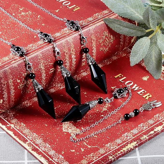 TUMBEELLUWA Reiki Healing Crystal Point Pendulum Dowsing Divination, Reiki Meditation Faceted Stone Pendant with Dream Catcher and Merkaba Star Chain, Black Obsidian
