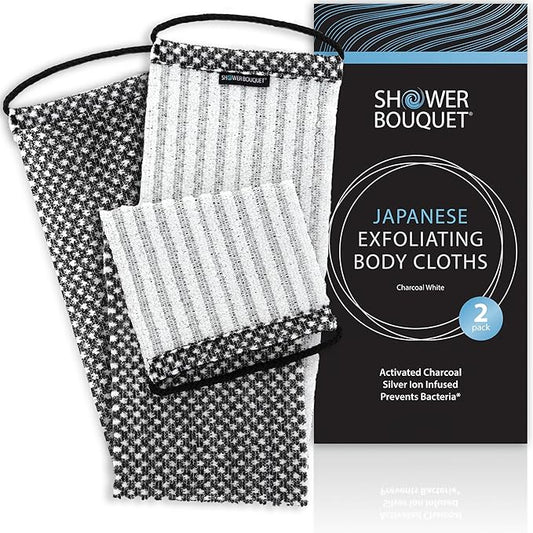 Japanese Exfoliating Washcloth for Back & Body 2-Pack - Charcoal & Silver Ion Exfoliating Towel with Handles - Two-Sided Gentle Exfoliation & Deep Cleanse Body Wash Cloths for Shower - 2 White