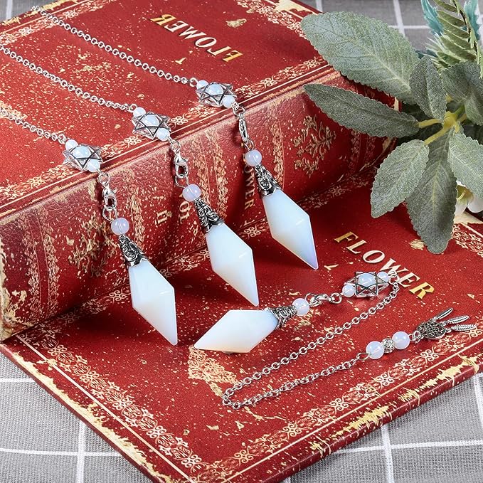 TUMBEELLUWA Reiki Healing Crystal Point Pendulum Dowsing Divination, Reiki Meditation Faceted Stone Pendant with Dream Catcher and Merkaba Star Chain, Opalite