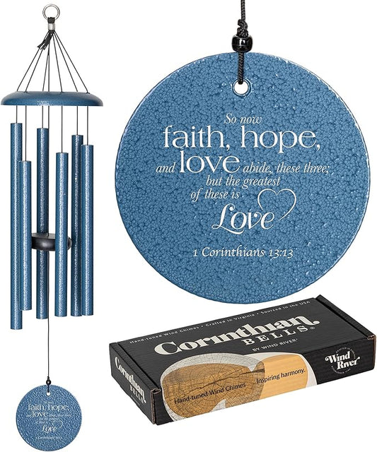 Corinthian Bells 27" Wind Chime – Sky Blue – “Faith, Hope & Love” Engraving from 1 Corinthians 13:13 – Hand-Tuned Inspirational Chime for Weddings, Anniversaries, Housewarmings & Spiritual Gifts