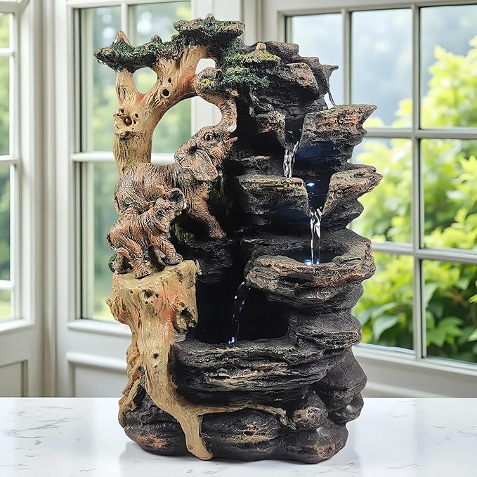 Water Fountain Indoor, Desktop Fountain Waterfall,Elephant Sculpture Layered LED Lighting. Indoor Office and Home Decorations Suitable for Creating a Peaceful Atmosphere.