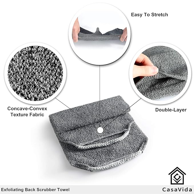 CASAVIDA Back Scrubber for Shower Nylon Bath Towel Washer Exfoliating Washcloth Rear Japanese Stretchable Strap Wash Cloth Body Exfoliation 2 Pack (Blue + Charcoal Gray)