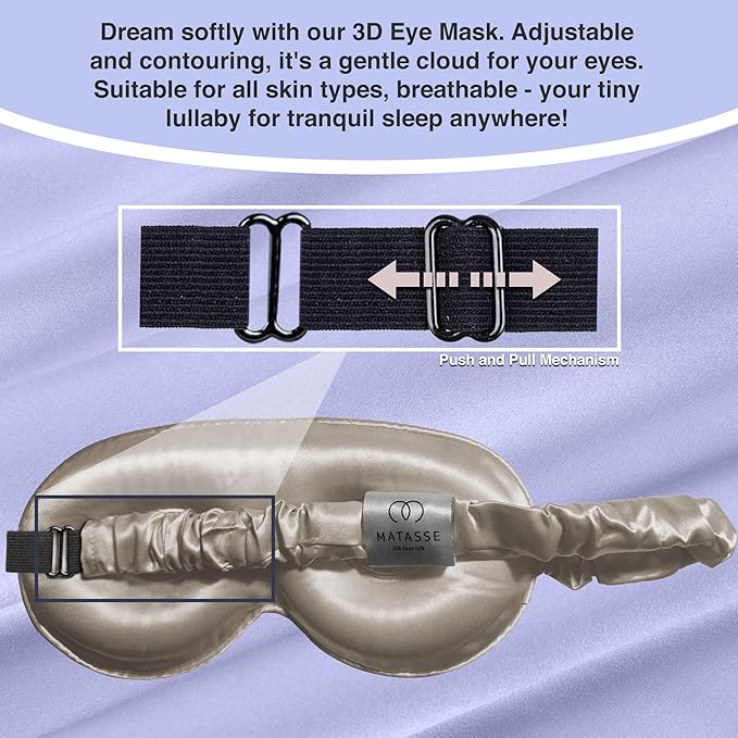 MATASSE Silk Eye Mask for Sleeping with Adjustable Elastic Band - 3D Contoured, Eye Cover Sleep Mask w/Genuine Mulberry Silk Including The Strap for Women, Men (Champagne)