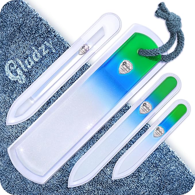 GLADZY Genuine Czech Glass Nail File Set - Callus Remover Foot Rasp, Cuticle Pusher Manicure Stick, Double Sided Etched Different Grit Surface, Professional Nail Care Tool, Made in EU