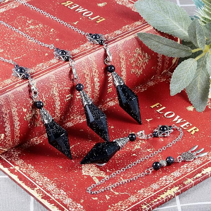 TUMBEELLUWA Reiki Healing Crystal Point Pendulum Dowsing Divination, Reiki Meditation Faceted Stone Pendant with Dream Catcher and Merkaba Star Chain, Blue Sand