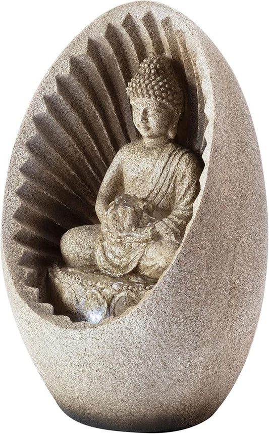 Alpine Corporation WIN322 Indoor/Outdoor Tabletop Buddha Fountain with LED Lights, Soothing Buddha Garden Fountain 11", Beige