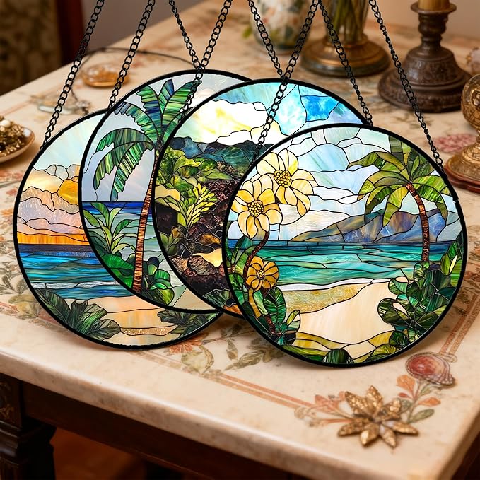Stained Glass Window Hanging 4 Pcs Set Blue Ocean Coconut Tree Scenery 6.3" - Suncatcher Door Garden Sun Catcher Decor Birthday Christmas for Mom Woman Nana Men