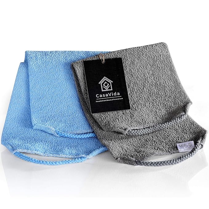 CASAVIDA Back Scrubber for Shower Nylon Bath Towel Washer Exfoliating Washcloth Rear Japanese Stretchable Strap Wash Cloth Body Exfoliation 2 Pack (Gray + Blue)