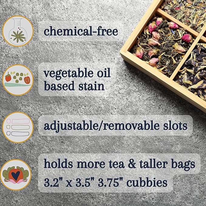 Bamboo Tea Organizer Box Chemical Free Eco-Friendly Big, Tall, Adjustable Cubbies Natural Wooden Storage Chest (4-Slot Across 14.3" x 4.4" x 4.2" with Tea Leaf design)